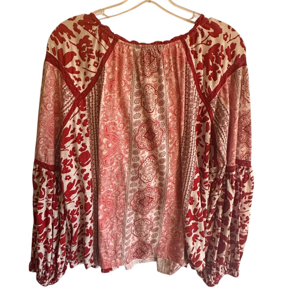 Rachel Zoe Mixed Print Peasant Top Womens XL Red Tassels Boho Balloon Sleeves - Picture 4 of 9